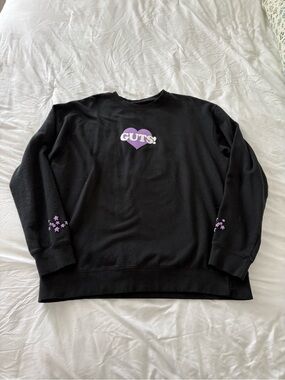 Black Crewneck Sweatshirt with Purple Heart "GUTS!" Graphic Olivia Rodrigo